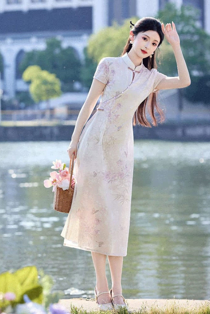 Beth and Brian Qipao-LSB Ivy Bamboo Floral Print Mid-Length Cheongsam Dress