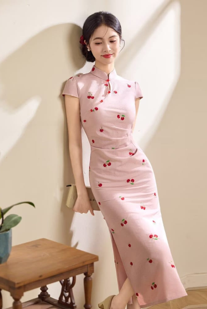 Beth and Brian Qipao-LSB Hazel Pink Cherry Embroidery Mid-Length Cheongsam Dress
