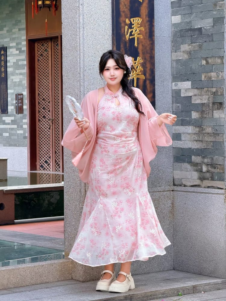 Beth and Brian qipao-NX Lily Pink Floral Chiffon Mid-Length Plus Size Cheongsam Set