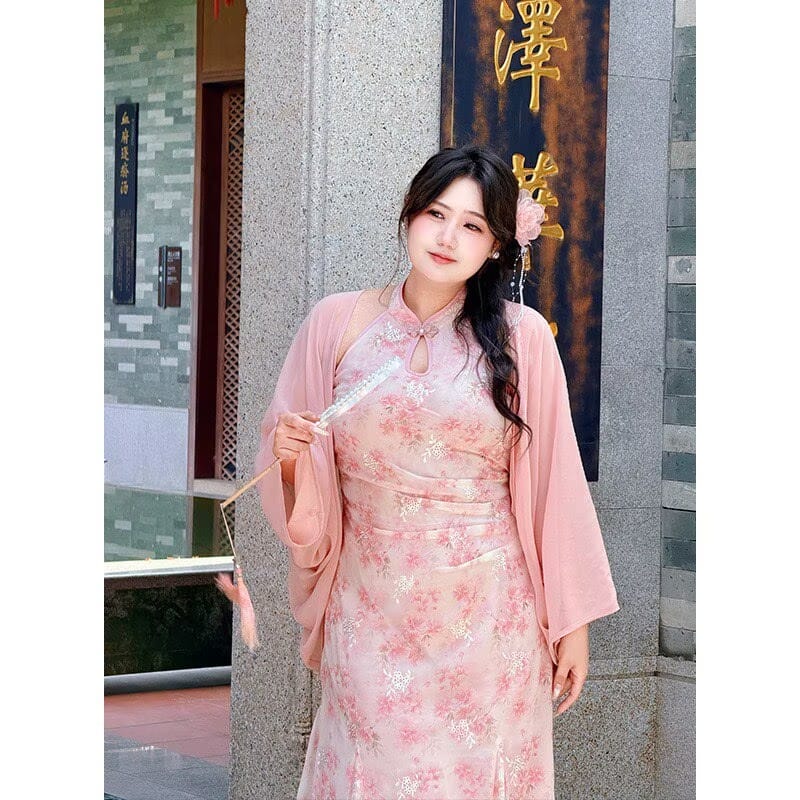 Beth and Brian qipao-NX Lily Pink Floral Chiffon Mid-Length Plus Size Cheongsam Set
