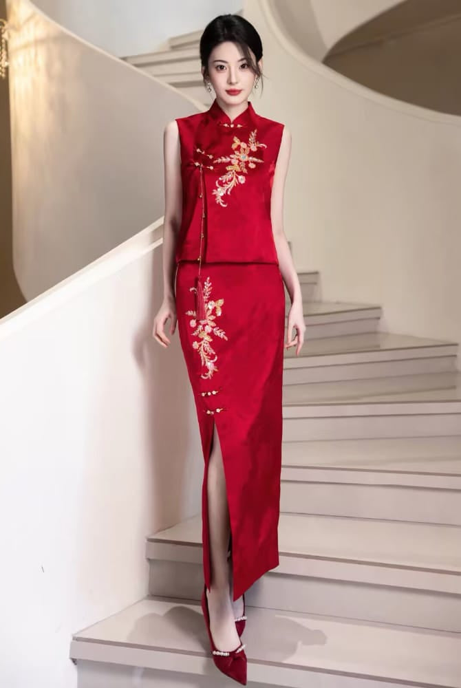 Beth and Brian Qipao-WX Lila Red Floral Embroidery Two Piece Cheongsam Set