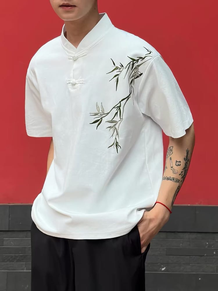 Beth and Brian Qipao-ESS Men's Chinese Bamboo Embroidery Stand Collar Tang Suit shirt
