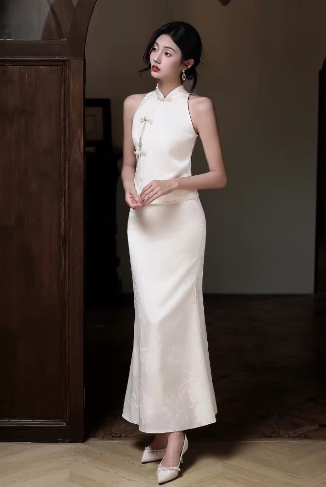 Beth and Brian Qipao-WX Zoe Jacquard Satin Split Two-Piece Cheongsam Set