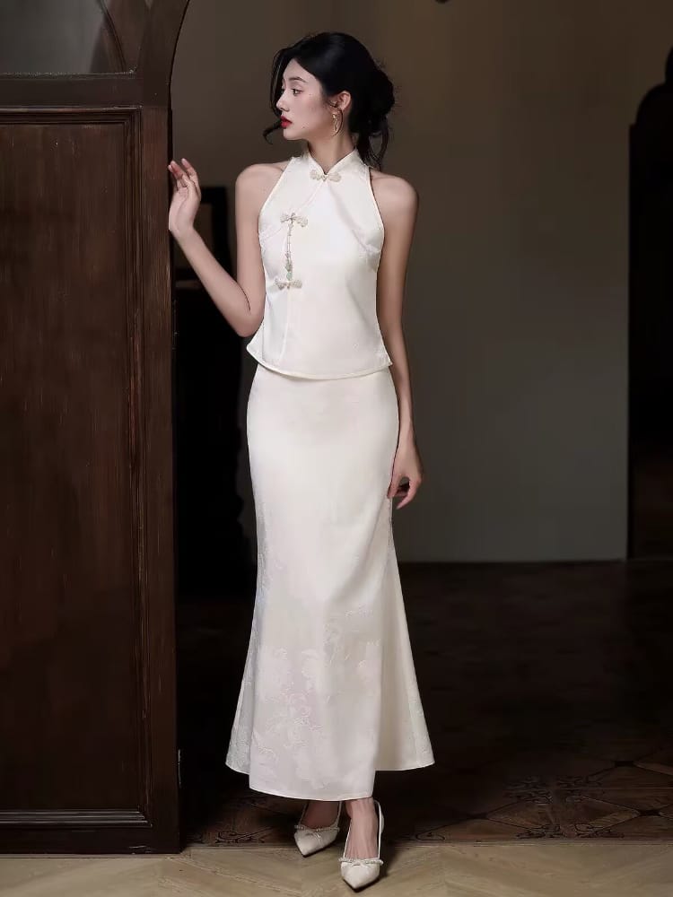 Beth and Brian Qipao-WX Zoe Jacquard Satin Split Two-Piece Cheongsam Set