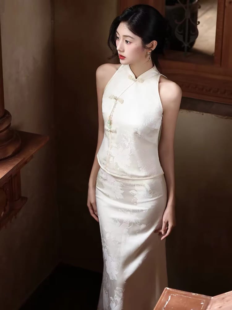 Beth and Brian Qipao-WX Zoe Jacquard Satin Split Two-Piece Cheongsam Set