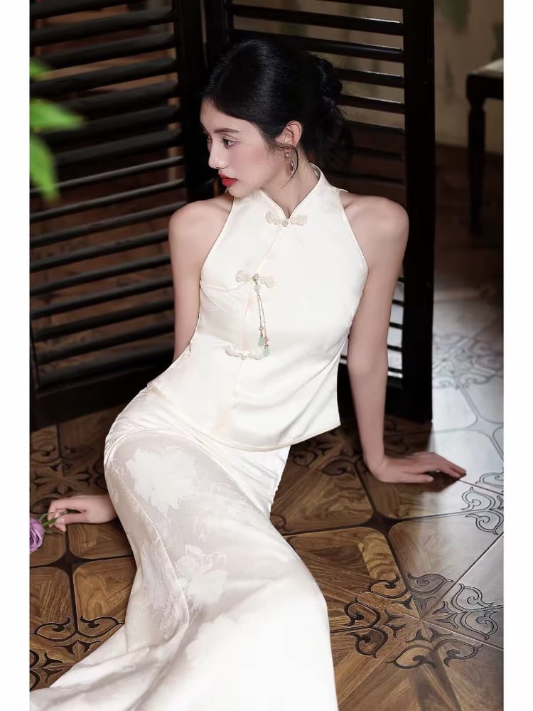 Beth and Brian Qipao-WX Zoe Jacquard Satin Split Two-Piece Cheongsam Set