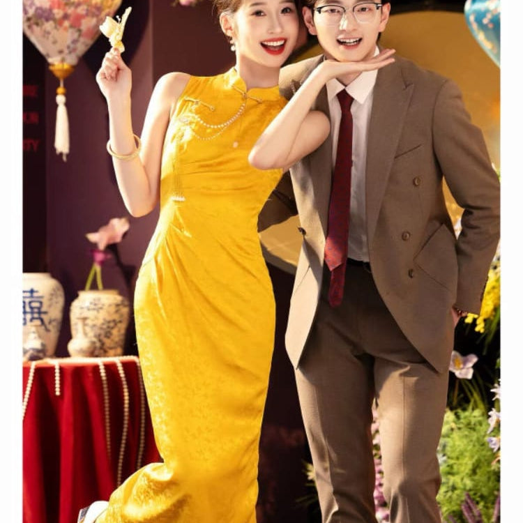 Beth and Brian Qipao-WX Chloe Sleeveless Jacquard Satin Long Cheongsam With Shawl