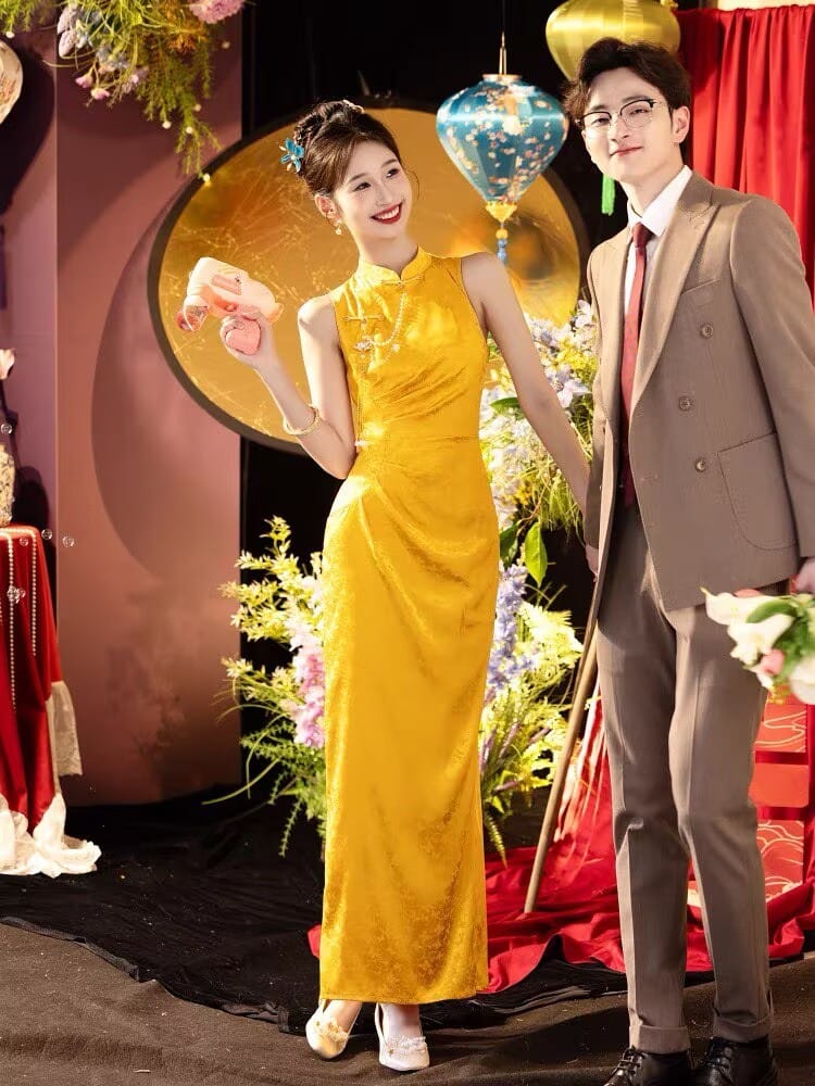 Beth and Brian Qipao-WX Chloe Sleeveless Jacquard Satin Long Cheongsam With Shawl