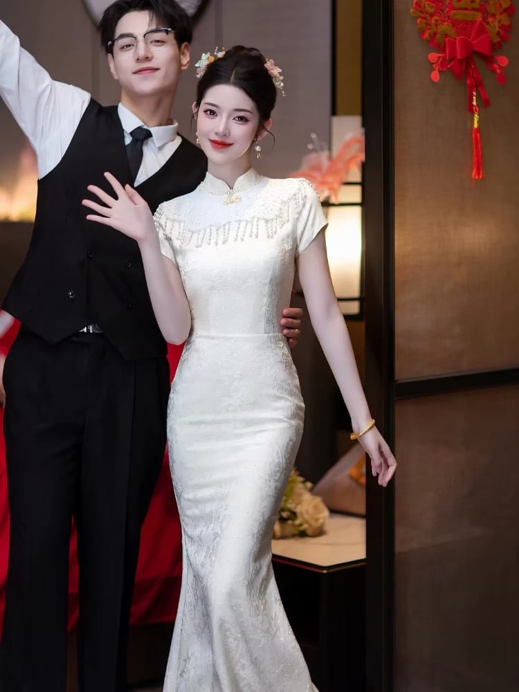 Beth and Brian Qipao-WX Mia White Jacquard Satin Mermaid Long Cheongsam