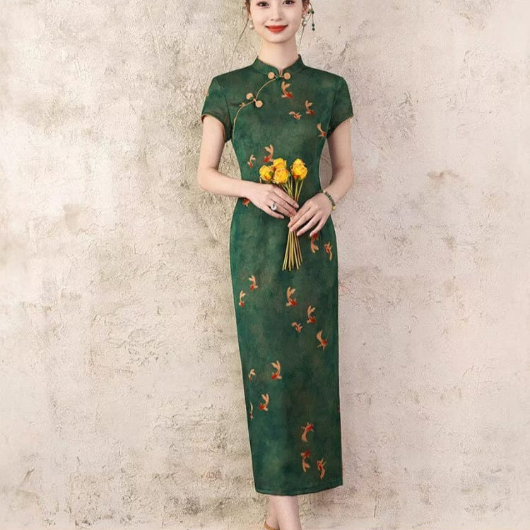 Beth and Brian Qipao-XL Chloe Women's Brocade Mid-Length Goldfish Print Cheongsam Dress