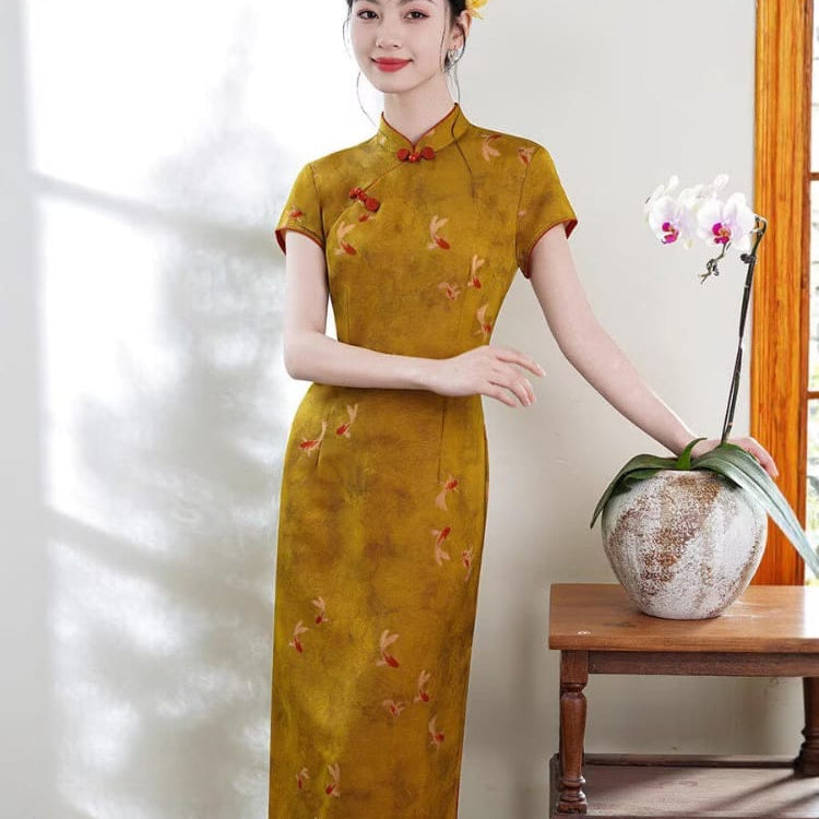 Beth and Brian Qipao-XL Chloe Women's Brocade Mid-Length Goldfish Print Cheongsam Dress