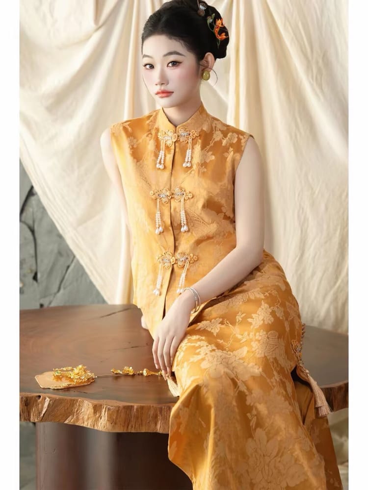 Beth and Brian Qipao-JY Victoria Gold Long Cheongsam/ Bespoke Wedding Qipao