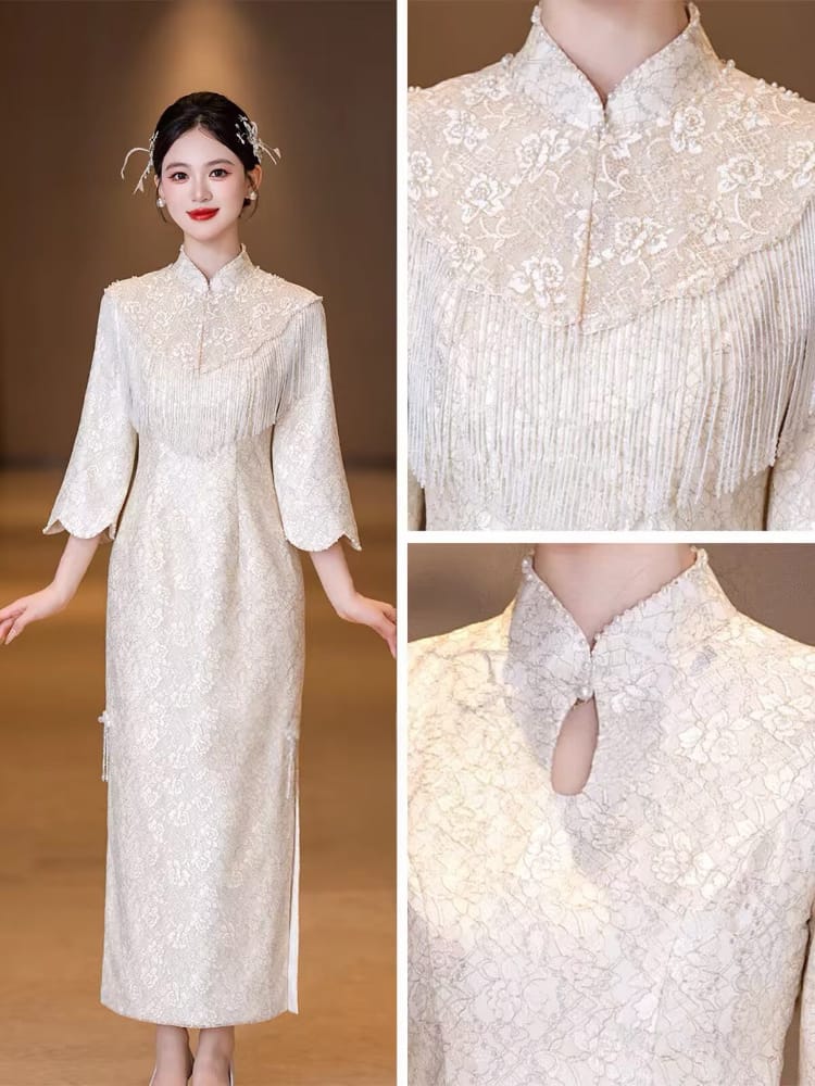 Beth and Brian Qipao-JY Zoe Lace Long Cheongsam with Cloud Shoulder Cape