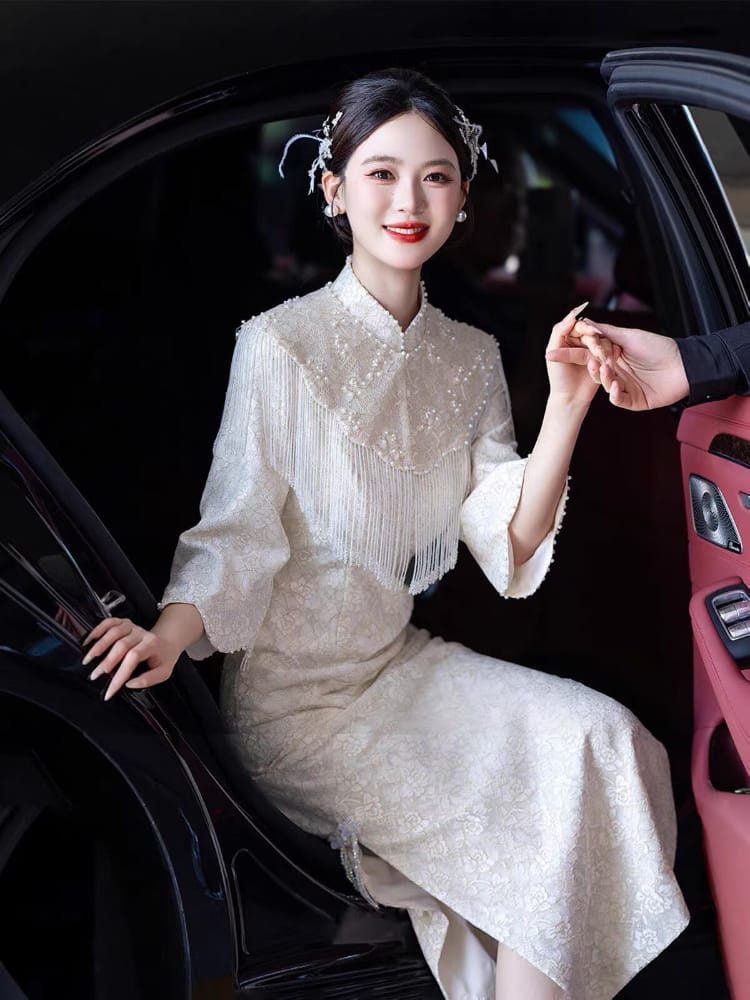 Beth and Brian Qipao-JY Zoe Lace Long Cheongsam with Cloud Shoulder Cape
