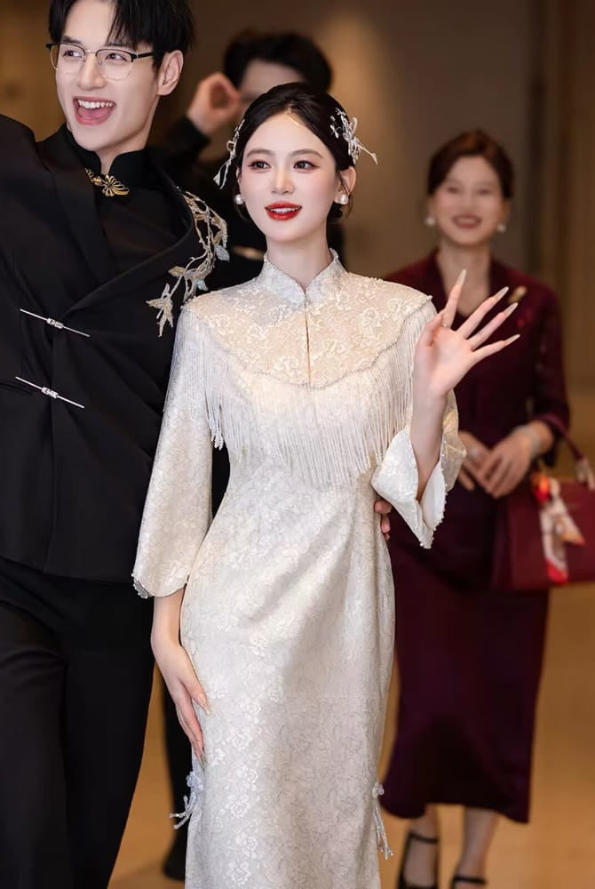 Beth and Brian Qipao-JY Zoe Lace Long Cheongsam with Cloud Shoulder Cape
