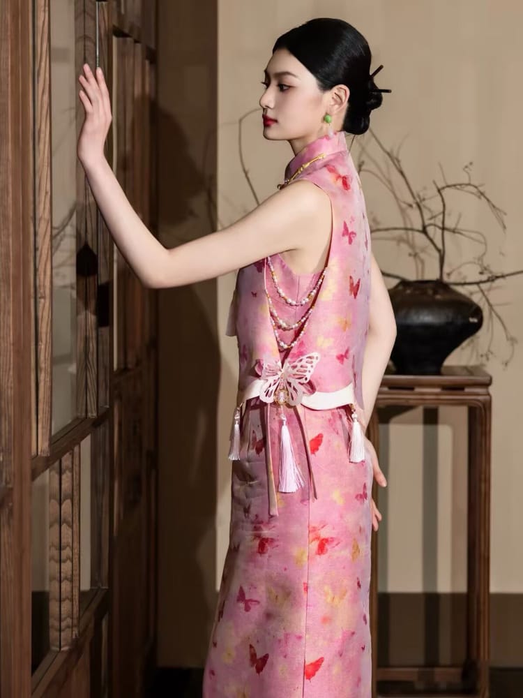 Beth and Brian Qipao-JY Lily Butterfly Print Brocade Satin Cheongsam set | Bespoke avalible