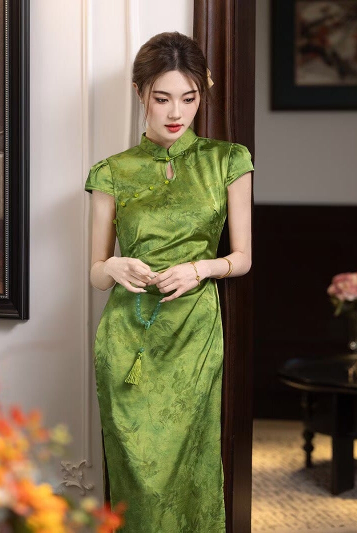 Beth and Brian Qipao-YT Chloe Green Bamboo Print Midi Cheongsam