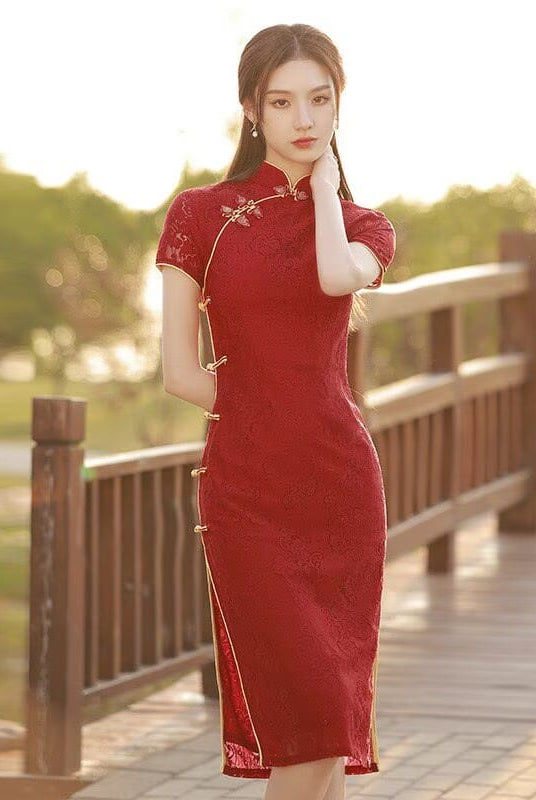 Beth and Brian qipao-DAF Ivy Red Lace Midi Cheongsam Dress