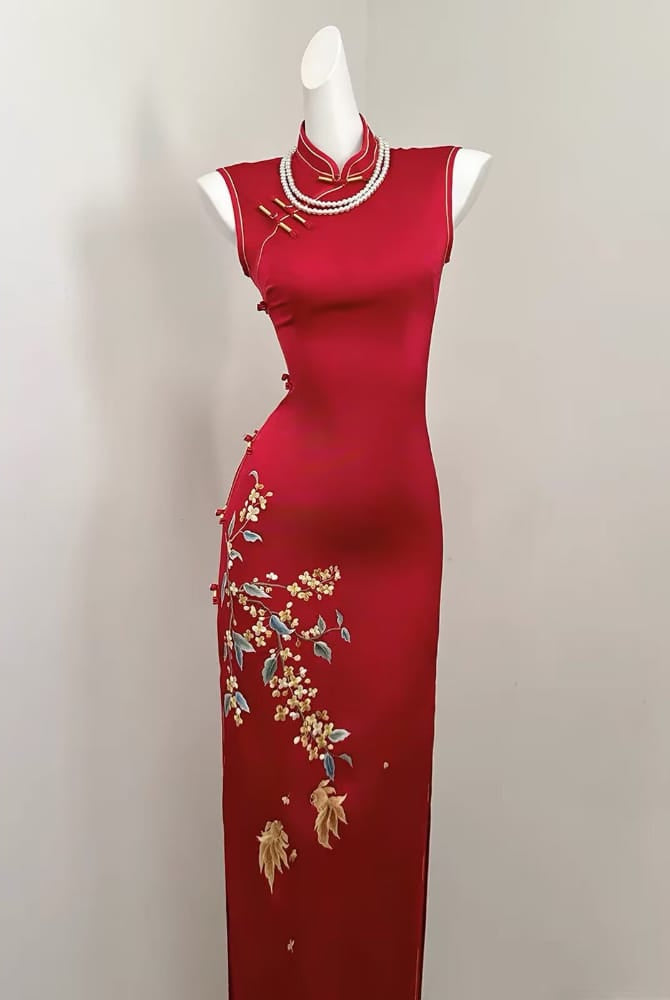 Beth and Brian Qipao-SGN Ruby Red Koi Fish & Floral Embroidery Sleeveless Midi Cheongsam