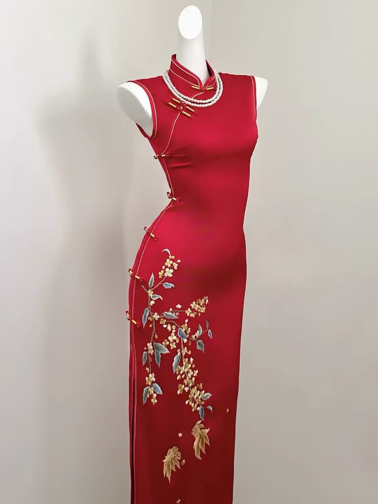 Beth and Brian Qipao-SGN Ruby Red Koi Fish & Floral Embroidery Sleeveless Midi Cheongsam
