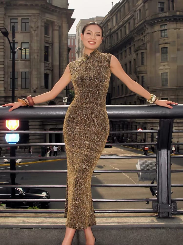 Beth and Brian Qipao-DSL Chloe Gold Glitter Mermaid Long Cheongsam Dress
