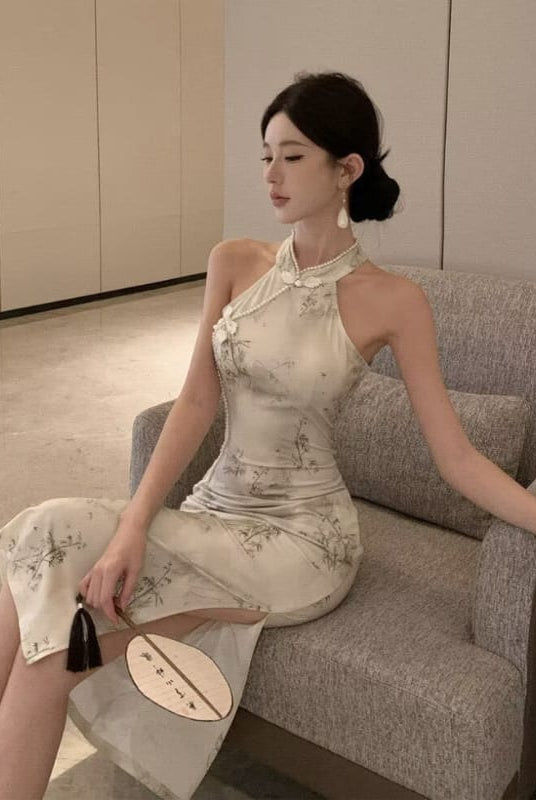 Beth and Brian qipao-DAF Stella Halter Ink Bamboo Print Midi Cheongsam