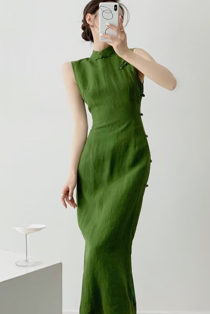 Beth and Brian qipao-DAF Hazel Sleeveless Linen Midi Cheongsam Dress