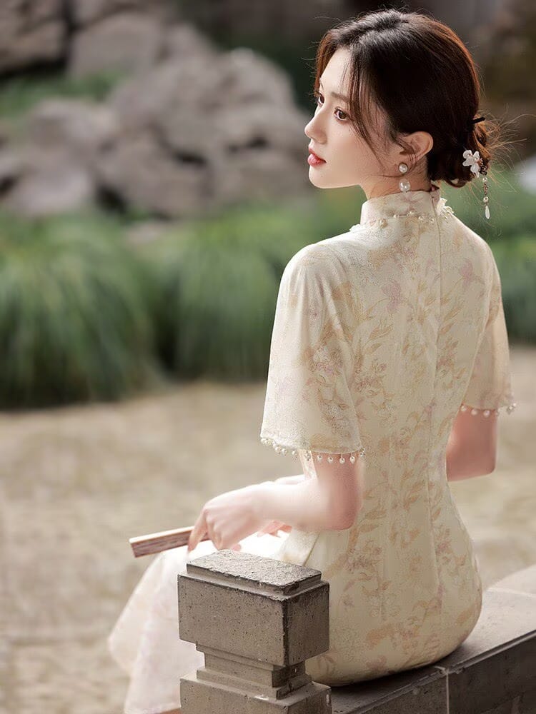 Beth and Brian qipao-DAF Hazel's Mid-Length Floral Cheongsam with Beaded Trim