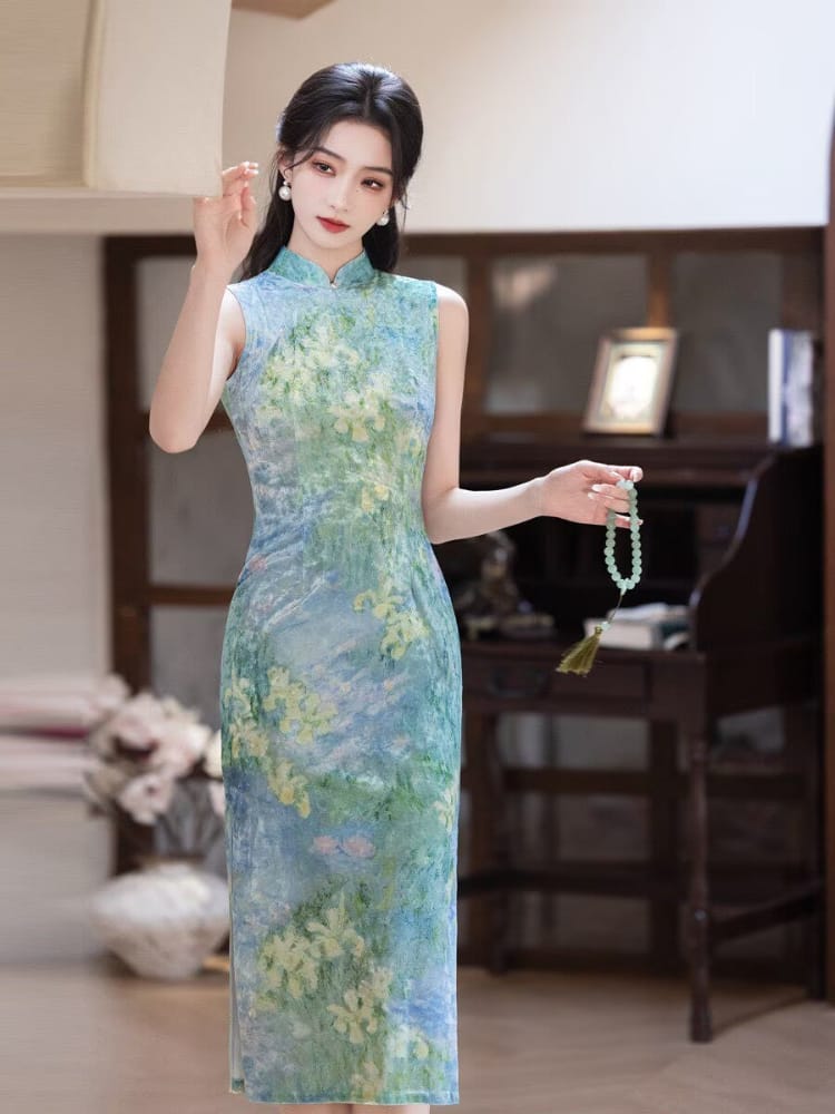 Beth and Brian Qipao-MYJ Chloe's Sleeveless Midi Cheongsam with Impressionist Floral Print