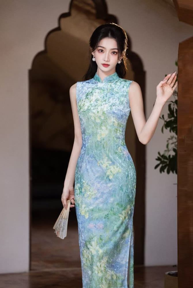 Beth and Brian Qipao-MYJ Chloe's Sleeveless Midi Cheongsam with Impressionist Floral Print