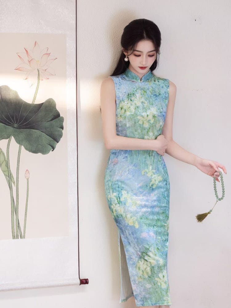 Beth and Brian Qipao-MYJ Chloe's Sleeveless Midi Cheongsam with Impressionist Floral Print