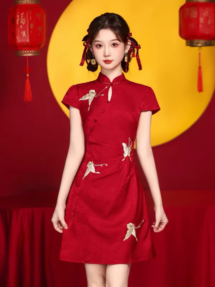 Beth and Brian Qipao-HYS Lily's Butterfly Embroidery Red Short Cheongsam Dress