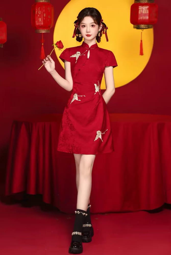 Beth and Brian Qipao-HYS Lily's Butterfly Embroidery Red Short Cheongsam Dress
