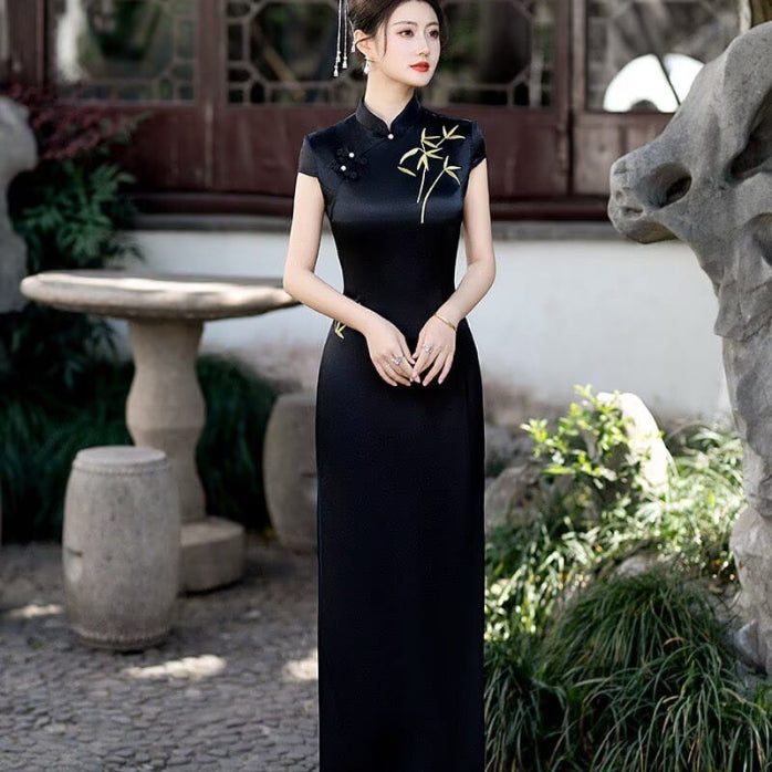 Beth and Brian Qipao-FS Iris's Long Plus Size Cheongsam with Golden Bamboo Embroidery