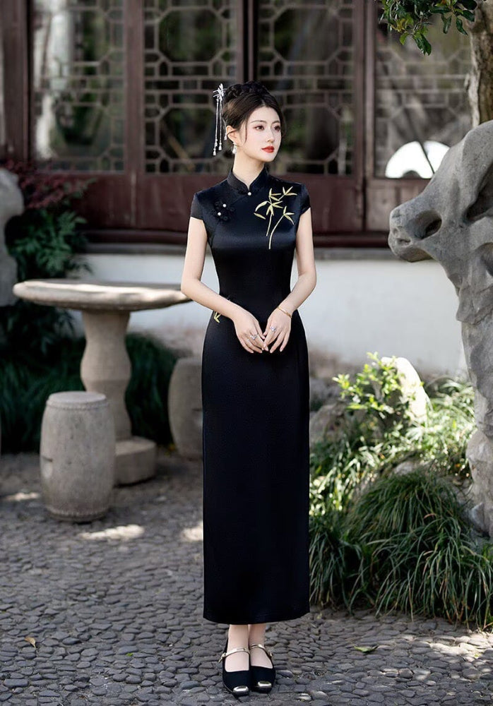 Beth and Brian Qipao-FS Iris's Long Plus Size Cheongsam with Golden Bamboo Embroidery