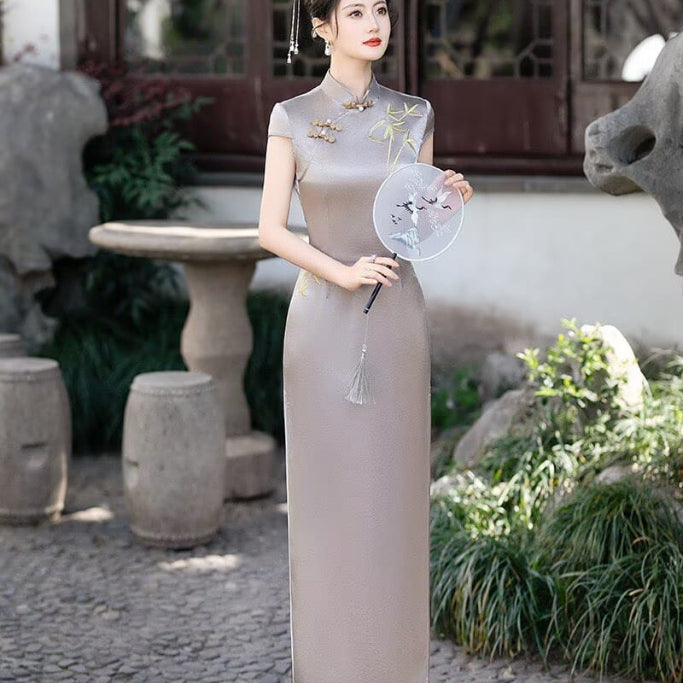 Beth and Brian Qipao-FS Iris's Long Plus Size Cheongsam with Golden Bamboo Embroidery