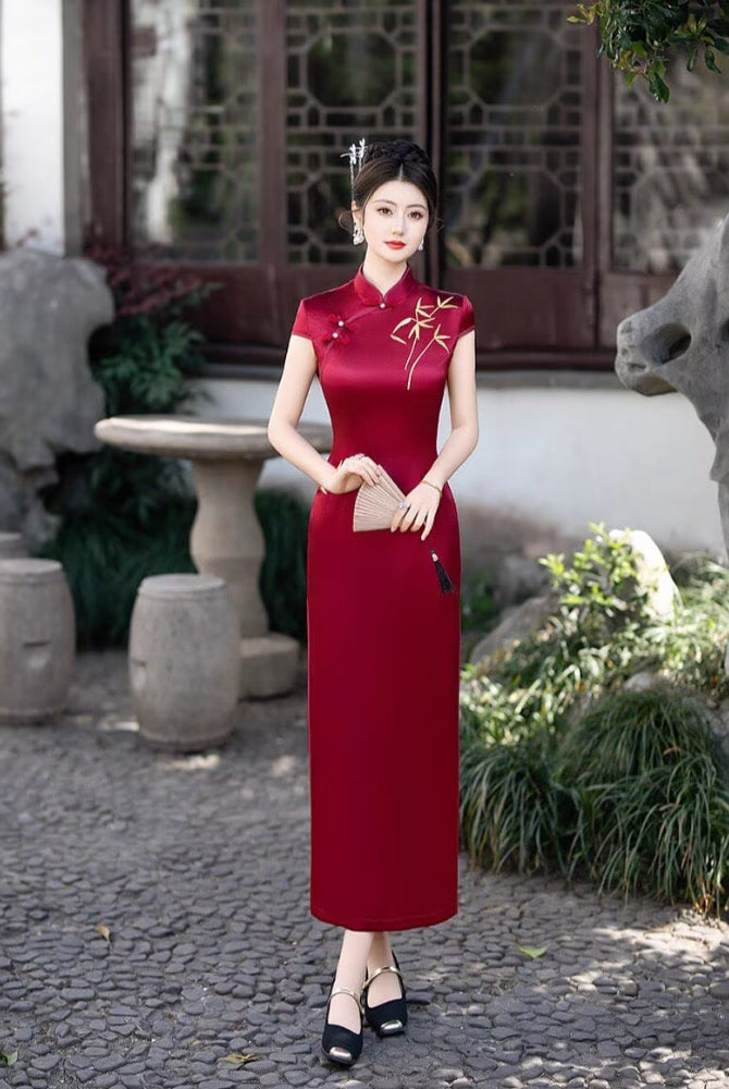 Beth and Brian Qipao-FS Iris's Long Plus Size Cheongsam with Golden Bamboo Embroidery