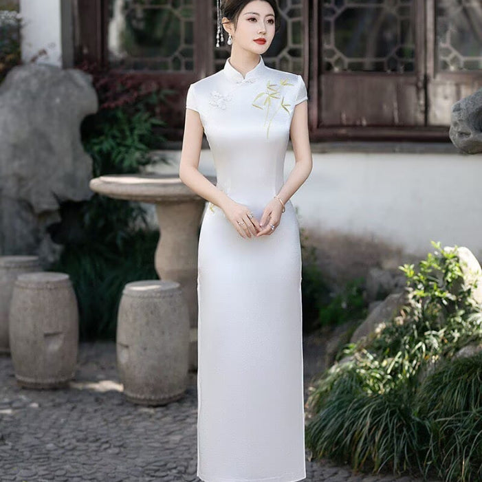 Beth and Brian Qipao-FS Iris's Long Plus Size Cheongsam with Golden Bamboo Embroidery