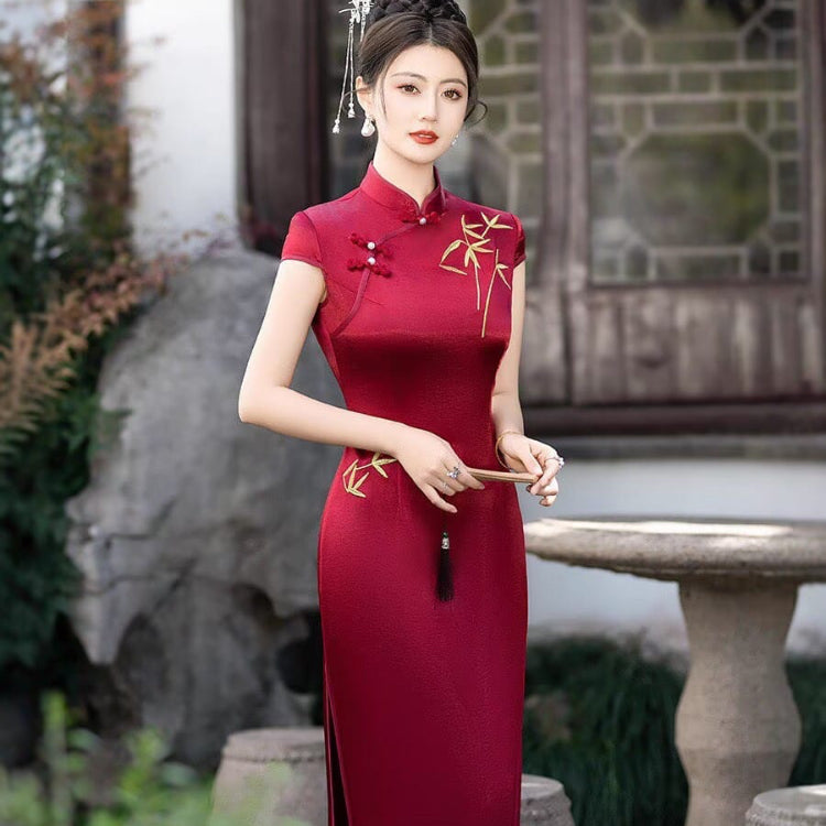 Beth and Brian Qipao-FS Iris's Long Plus Size Cheongsam with Golden Bamboo Embroidery
