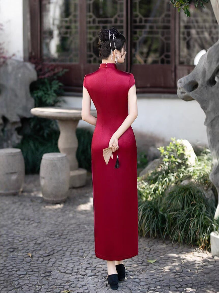 Beth and Brian Qipao-FS Iris's Long Plus Size Cheongsam with Golden Bamboo Embroidery