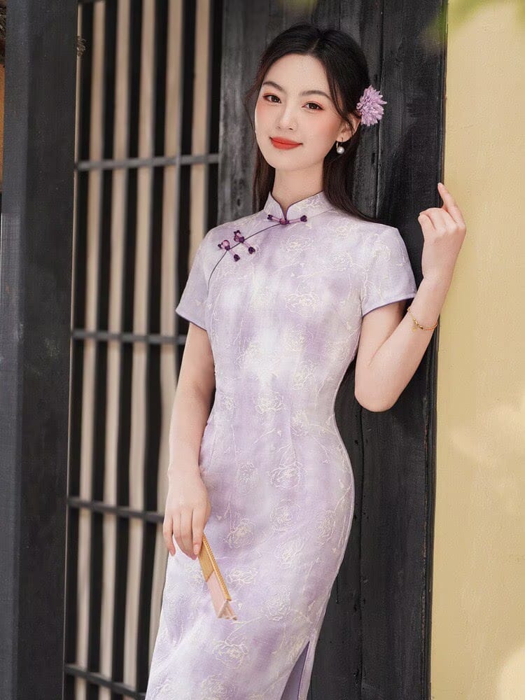 Beth and Brian Qipao-YG Mia Cotton Linen Fabric Floral Mid-Length Cheongsam