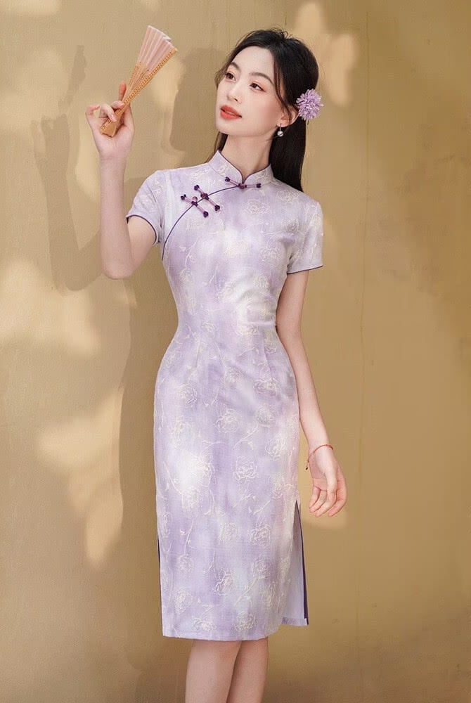 Beth and Brian Qipao-YG Mia Cotton Linen Fabric Floral Mid-Length Cheongsam