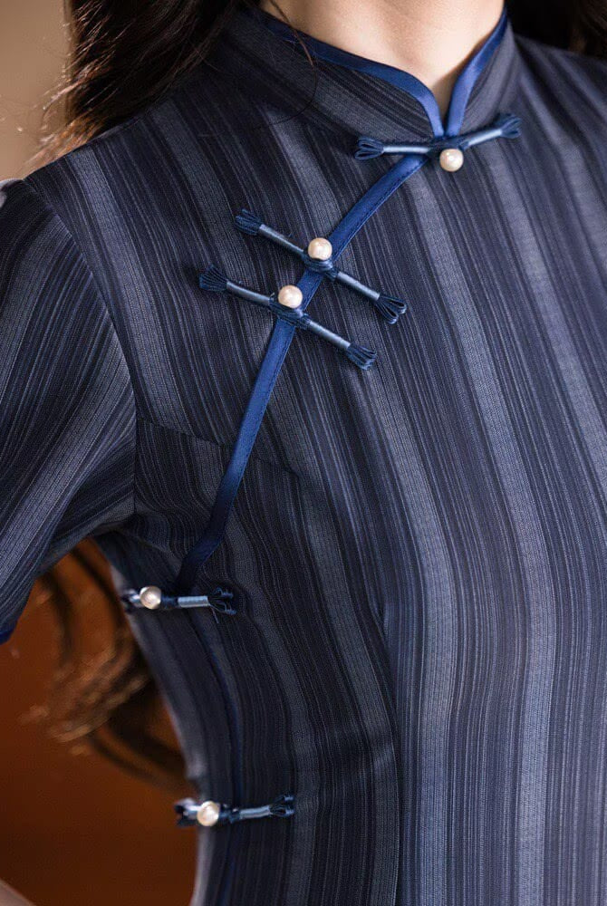 Beth and Brian Qipao-YG Chinese retro style, striped navy midi Cheongsam