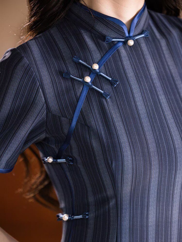 Beth and Brian Qipao-YG Chinese retro style, striped navy midi Cheongsam