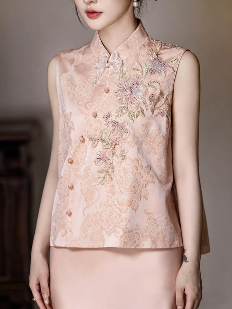 Beth and Brian Qipao-MY Anna Floral Embroidery Satin Cheongsam Vest & Slip Dress Two-Piece Set