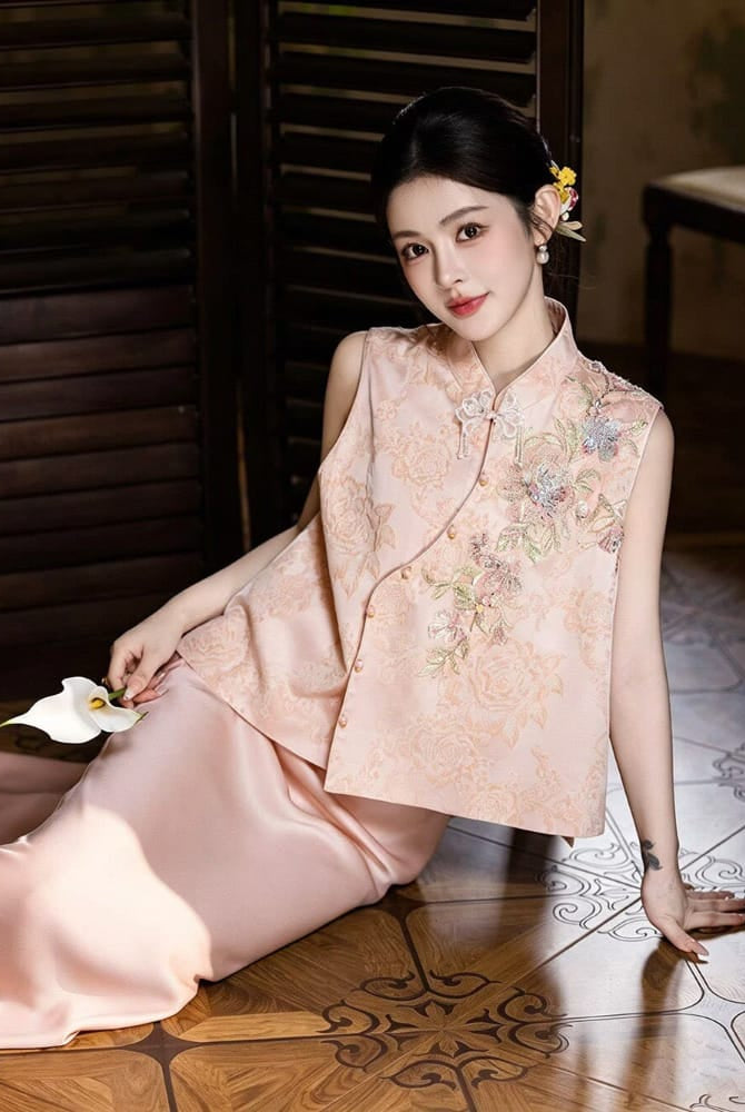 Beth and Brian Qipao-MY Anna Floral Embroidery Satin Cheongsam Vest & Slip Dress Two-Piece Set