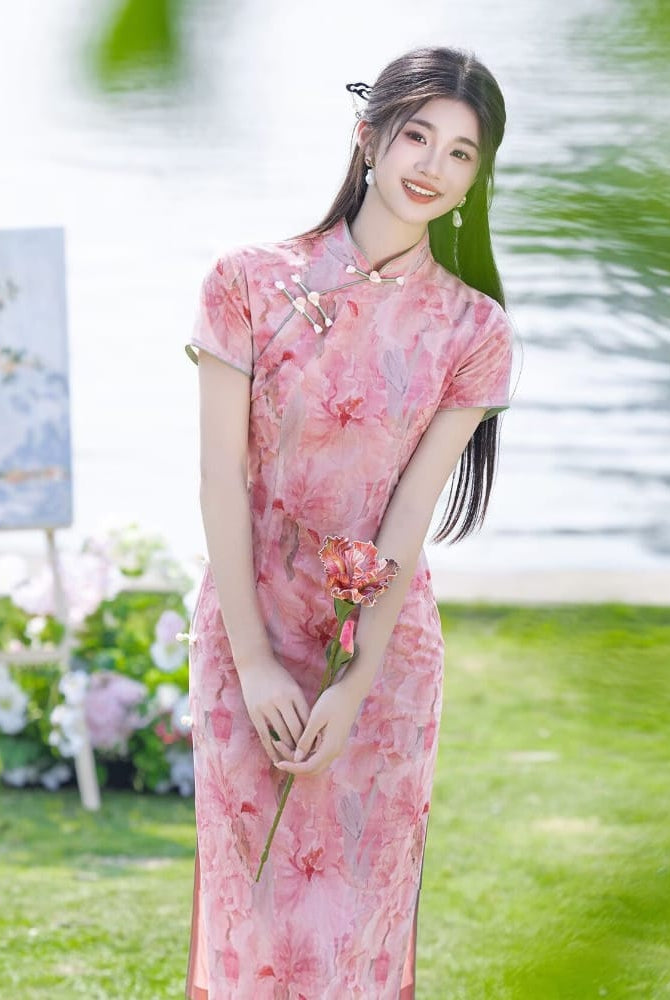 Beth and Brian Qipao-LSB Lily's Pink Floral Print Mid-Length Cheongsam