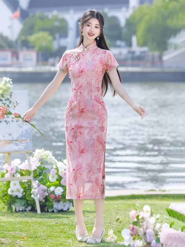 Beth and Brian Qipao-LSB Lily's Pink Floral Print Mid-Length Cheongsam