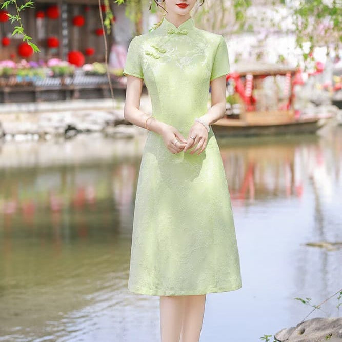 Beth and Brian Qipao-FS Plus Size Jacquard Midi A-line Cheongsam Dress