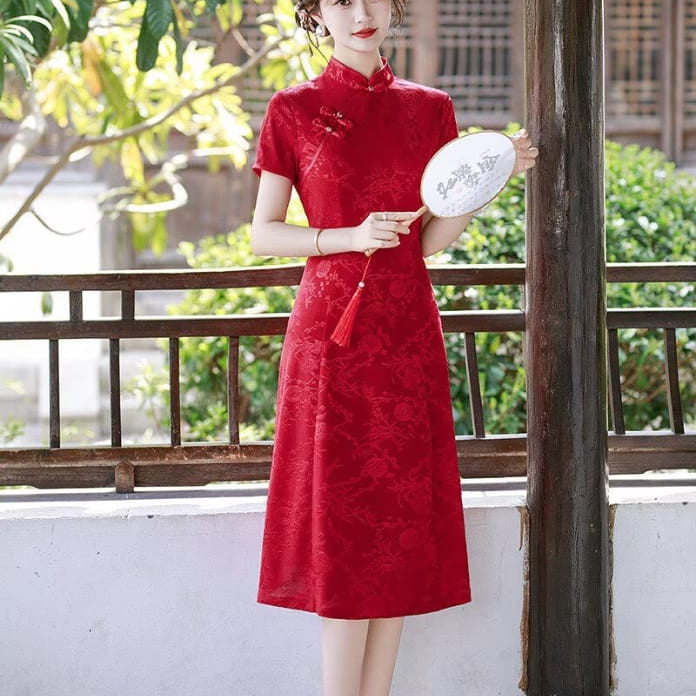 Beth and Brian Qipao-FS Plus Size Jacquard Midi A-line Cheongsam Dress
